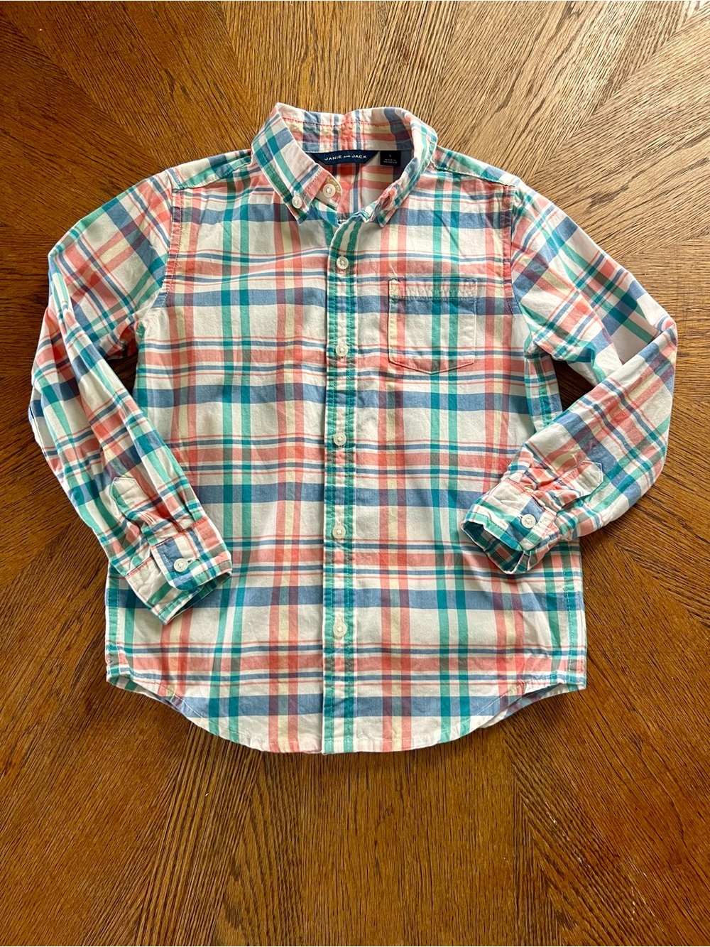 Janie & Jack | Button-Down Plaid Shirt in Coral and Teal